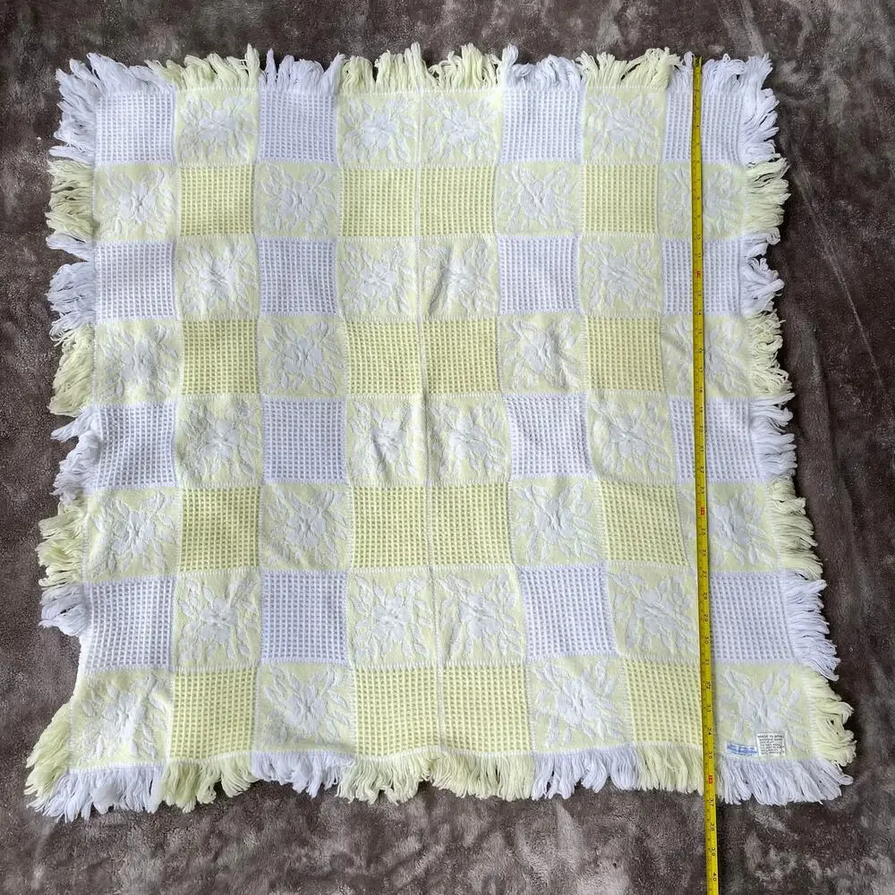 Vintage Waffle Baby Blanket with Fringe Floral Yellow White Square Spain 1980s